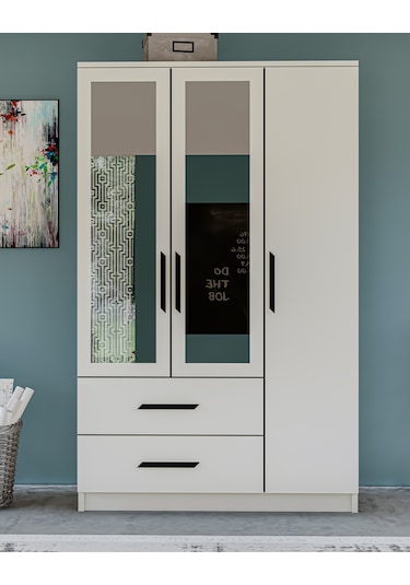 Gm 177 Modena 3 Kapı 2 Çekmeceli Aynalı Siyah Kulplu Beyaz Gardır