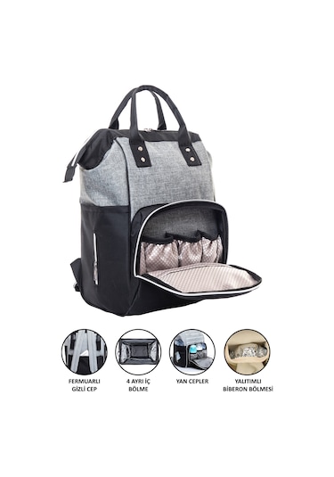 Anne Bebek Bakım Sırt Çantası Siyah-gri Termos Bölmeli Gri - Siyah