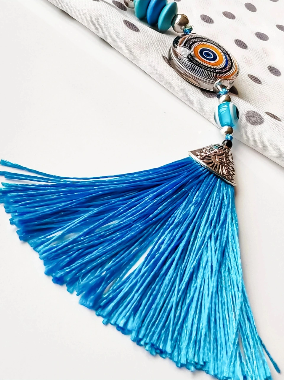 Desenli Cam Boncuklu Mavi Püsküllü Anahtarlık