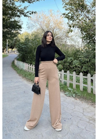 Kadın Camel Beli Lastikli, Cepli Örme Dokuma Kumaş, Bol Paça, Salaş Pantolon Camel