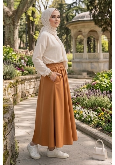 Bestenur Cepli Beli Lastikli Poplin Etek 1727 - Taba
