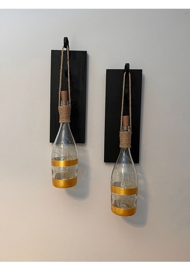 Tıpa Peri Led Işıklı Siyah Ahşap Cam Şampanya Şişesi Duvar Aplik Çok Renkli