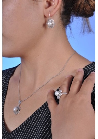 Inci Taşlı Papatya Model Oksitli Telkari Gümüş Üçlü Set