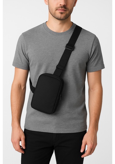 Erkek Çapraz Omuz Çantası 2 Bölmeli Siyah Göğüs Düz Günlük Çanta