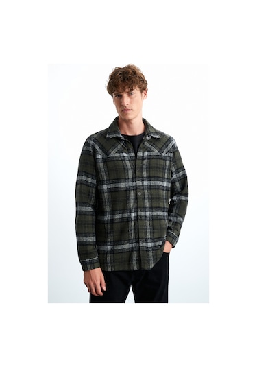 Allenı Erkek Pamuk Gömlek Yaka Relaxed Oduncu Haki Gömlek