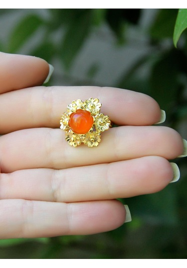 Esha Store Doğal Taş Akik Doğal Taşlı Çiçek Model Telkari Kadın Ayarlanabilir Altın Kaplama Yüzük Euy61ag Kırmızı