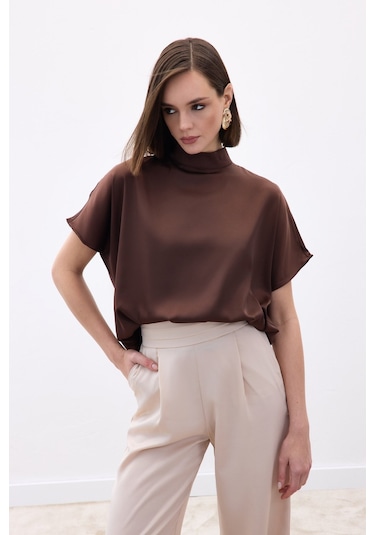 Sateen Yarasa Kol Salaş Bluz - Kahve-136538 kahve