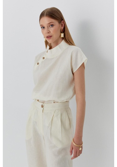Düğme Detaylı Keten Takım Ekru Ekru