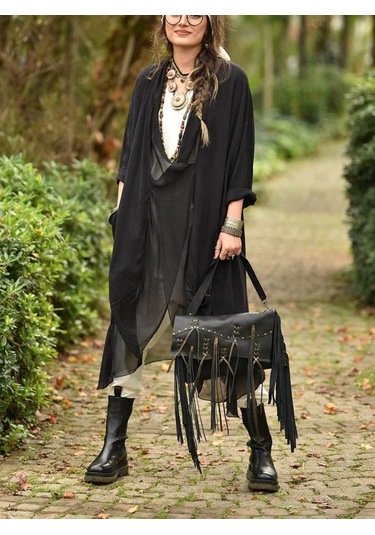 Italyan Ipek Detaylı Oversize Kaftan & Bluz-8711 Siyah