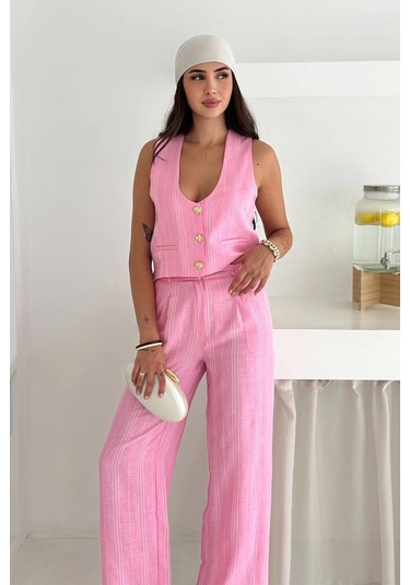 Çizgili Kumaş Yelek Takım Pembe Pembe