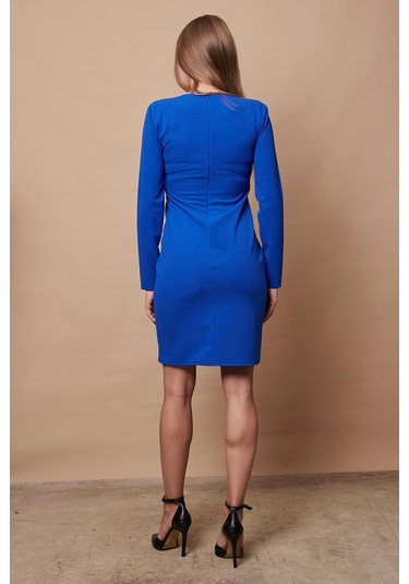 Kadın Likralı Krep Kumaş Kare Yaka Uzun Kol Önü Düğmeli Ofis Ceket Elbise-sax Sax