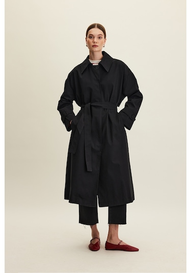 Kemerli Oversize Gabardin Trençkot Siyah Siyah