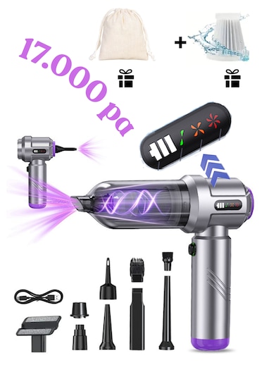 İfexia Cy 109 17.000 Pa Yeni Nesil Dijital Göstergeli Vakum Ve Üflemeli Mini Araç Ve Genel Kullanım Süpürgesi Açık Gri-lila