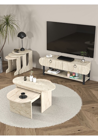 Tv Sehpası Tv Ünitesi Kapaklı Raflı Setro Traverten Ekru