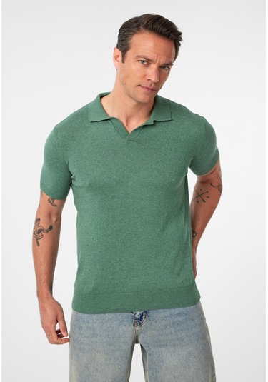 Gerhard Erkek Regular Fit Triko Polo Yaka T-shirt Yeşil Melanj