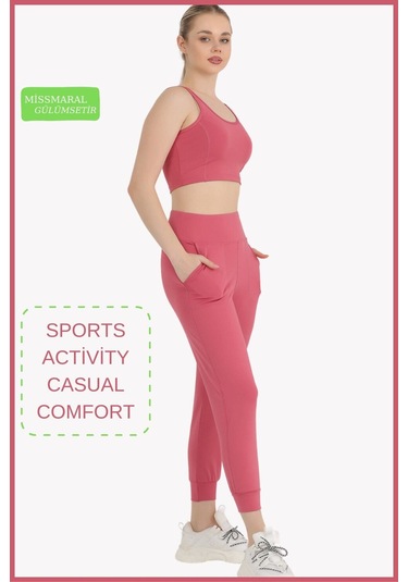 Kadın Curve Eşofman Alt Gül Kurusu Jogger Dalgıç Kumaş Yüksek Bel Çift Cepli Joggers 1061 GÜL KURUSU