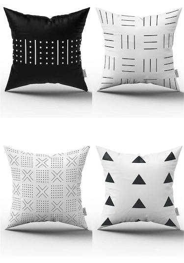 Beyaz Siyah Modern Geometrik 4'lü Dijital Baskılı Kırlent Kılıfı Seti- 4kmbs83