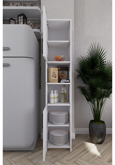 Fella 6 Raflı Çok Amaçlı Dekoratif Mutfak Dolabı Beyaz Beyaz