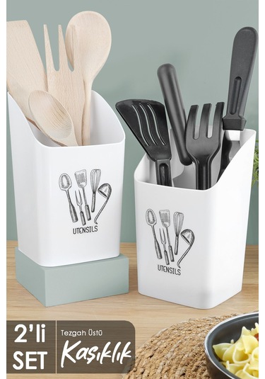 2'li Tezgah Üstü Kaşıklık - Mutfak Organizer Düzenleyici Kepçelik Kaşık Bıçak Standı Beyaz