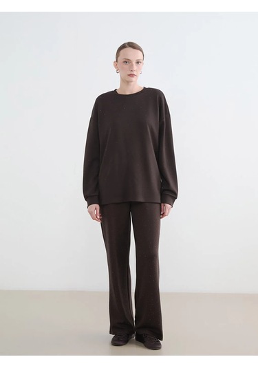 Lc Waikiki Kahverengi Taşlı Soft Touch Oversize Kadın Sweatshirt