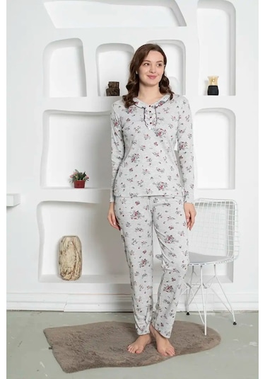 Gri Çiçek Desenli Büyük Beden Kadın Uzun Kol Anne Pijama Takımı - %100 Pamuk Penye Mevsimlik Gri Melanj