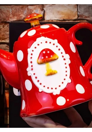 Fortunelane Fırınlanmış Seramik Mantar Desenli Çaydanlık, 0.91l Kapasite, Kapağı İle Ev Ve Misafir İçin Kırmızı Kırmızı