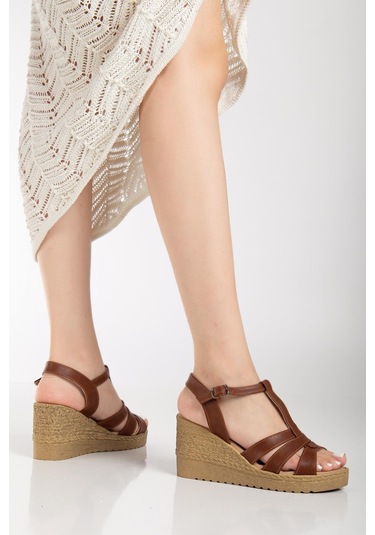 Kadın Dolgu Topuk Sandalet Ayakkabı Taba 3 Bantlı Baretli-3937 Taba