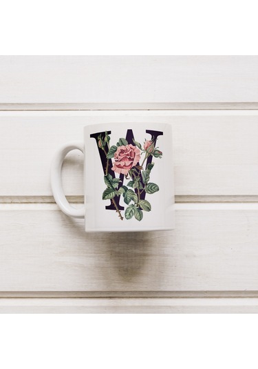 W Baş Harf Kırmızı Güller İle Sarılı Bardak 330 Ml Kişiye Özel Çiçekli Hediye Beyaz