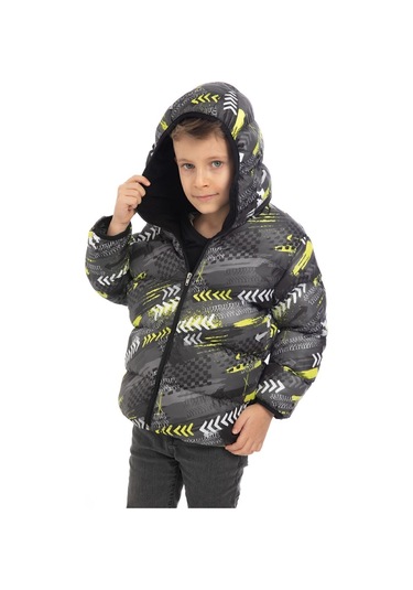 Erkek Çocuk Sarı Siyah Dijital Desen Içi Polar Su Ve Rüzgar Geçirmez Kapüşonlu Şişme Kışlık Mont Sarı - Siyah