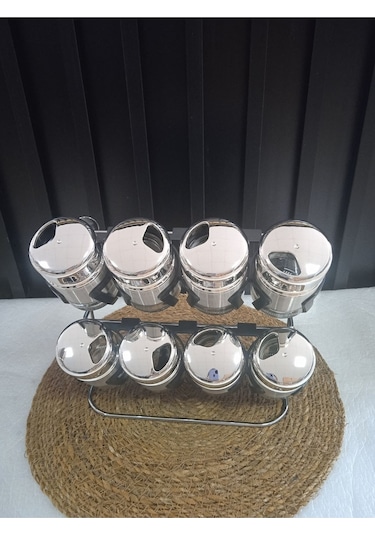 Çelik Standlı Baharatlık 9 Parça Cam Çelik Baharat Seti Gri