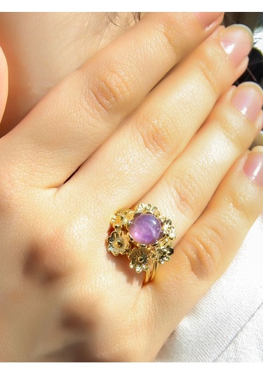 Esha Store Doğal Taş Ametist Doğal Taşlı Çiçek Model Telkari Kadın Ayarlanabilir Altın Kaplama Yüzük Euy61amtg MOR