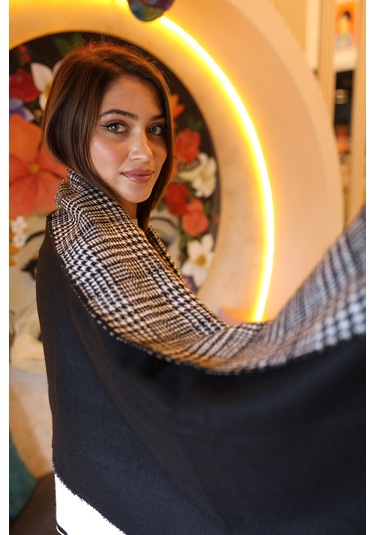 Çift Taraflı Kazayağı Desenli Atkı Omuz Şalı 70x185 CM 1212 Siyah