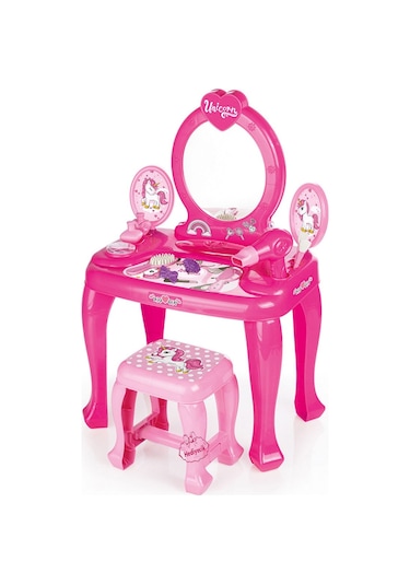Unicorn Oyuncak Ayaklı Makyaj Masası ve Sandalye Seti Pembe Renk