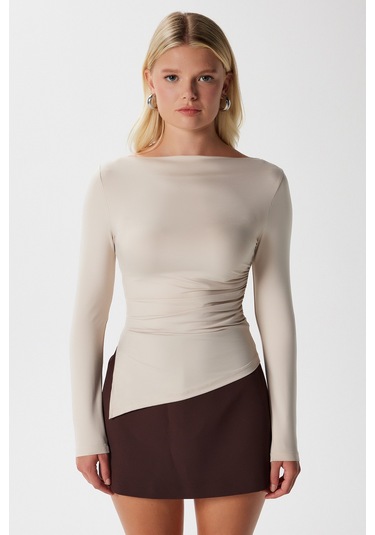Kadın Most Poliamid Asimetrik Bej Uzun Kol Bluz Bej