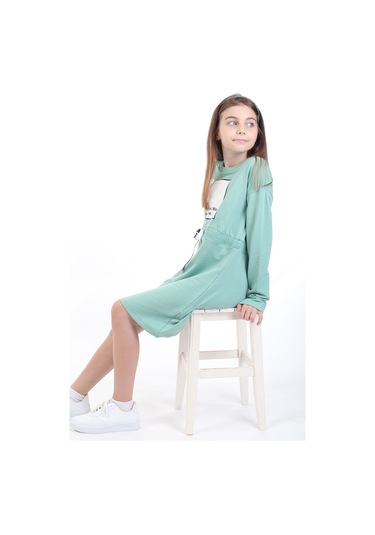 Toontoy Kız Çocuk Bel Kordon Geçişli Yazı Baskılı Elbise Yeşil