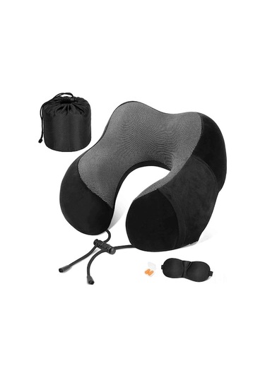 Seyahat Yastığı Memory Foam Boyun Desteği, 3d Uyku Maskesi Ve Earplug Seti - Siyah, Ergonomik 360 Desteği İle Uçak Seyahatleri İçin