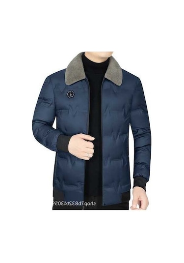 Yingfu Erkek Sonbahar/kış Kürk Yakalı Pamuklu Ceket Lacivert, Erkek Kış Moda Ceket Lacivert