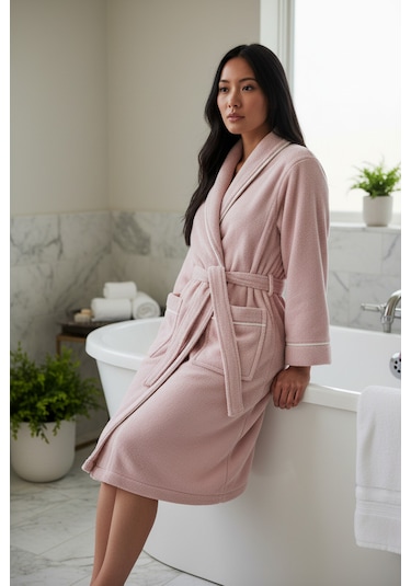 % 100 Pamuklu Laodikeia Şalyaka Bornoz Kadın Erkek Unisex Pembe