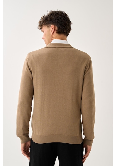 Fermuarlı Polo Yaka Kazak Vizon