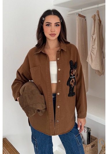 Leopar Ayıcık Armalı Gabardin Kumaş Gömlek Kahverengi Kahverengi