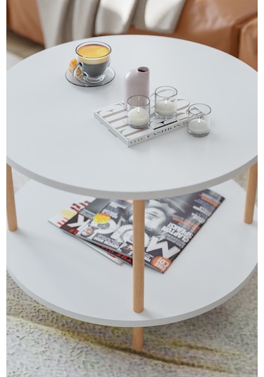 Yuvarlak Orta Sehpa Gazetelik Ahşap Ayaklı Sehpa -beyaz