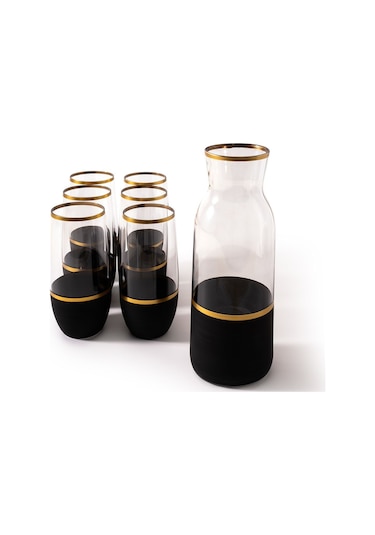 Mest Gst 365 6 Kişilik 7 Parça Siyah Ince Gold Su Bardağı Takımı - Yaldızlı Sürahili Siyah Ince Gold