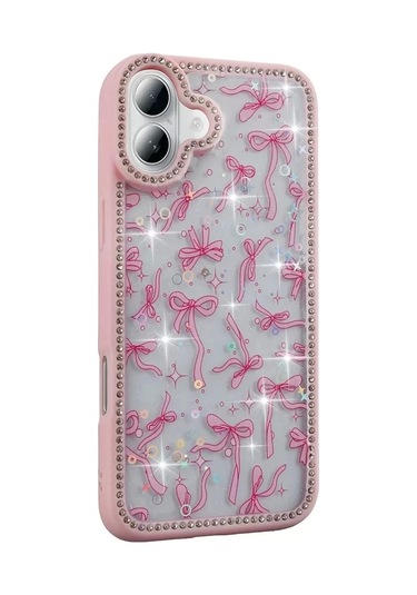 İphone Uyumlu 16 Kılıf Taşlı Simli Kenarları Silikon Parıltılı Azra Kapak Telefon Kılıfı Kamera Korum