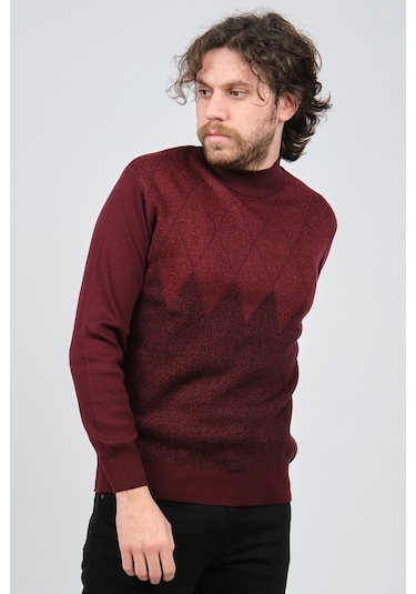 Ateş Triko Erkek Yarım Balıkçı Yaka Desenli Kazak 6091804 Bordo Bordo