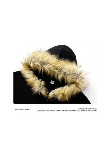 Erkek Sonbahar Ve Kış Suni Kürk Yaka Fermuarlı Sweatshirt Ceket Kayısı