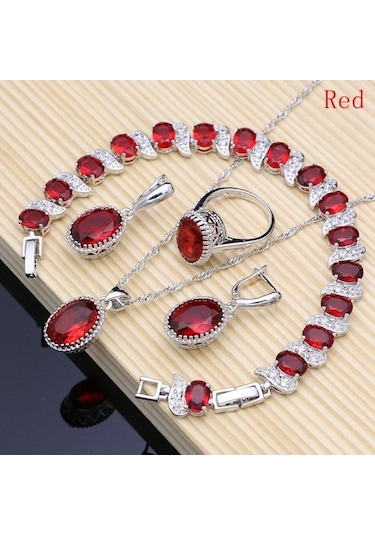 Novahub Kırmızı Gümüş Renk Gelin Takı Şampanya Taşı Takı Setleri Kadınlar Için Küpe/kolye/yüzük/bilezik 7.5 Kırmızı