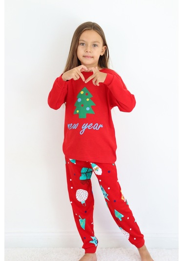 Kız Çocuk Orta Kalınlıkta Basic Baskılı Pijama Takımı Kırmızı