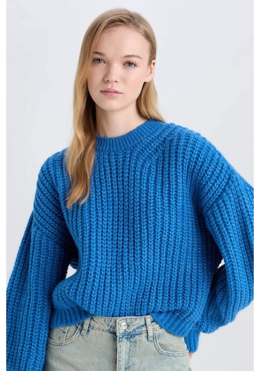 DeFacto Coool Oversize Geniş Kalıp Bisiklet Yaka Triko Kazak V1811AZ24CWBE124 Mavi