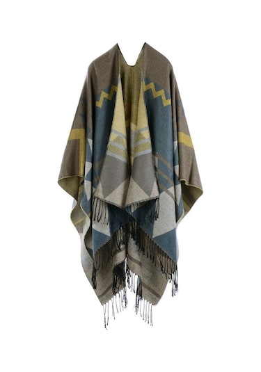 Novahub Kadın Örme Şal Panço Sahte Kaşmir Geometrik Desen Püskül Büyük Boy Uzun Bohemya Pelerin Renk: Sarı - Standart Sarı