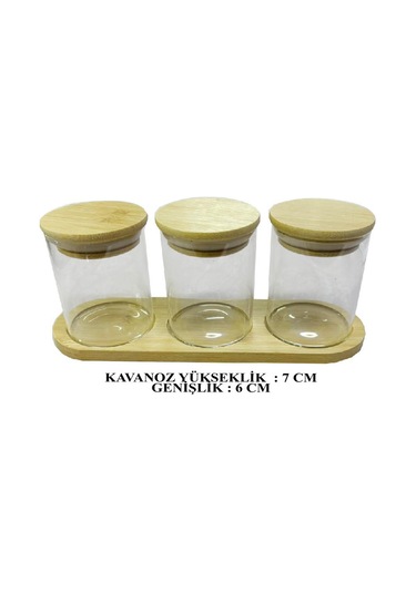 Bambu Standlı 3 Lü Mini Baharatlık Seti Vakum Kapaklı Kavanoz 7x6 Cm Stand 22x7 Cm Şeffaf